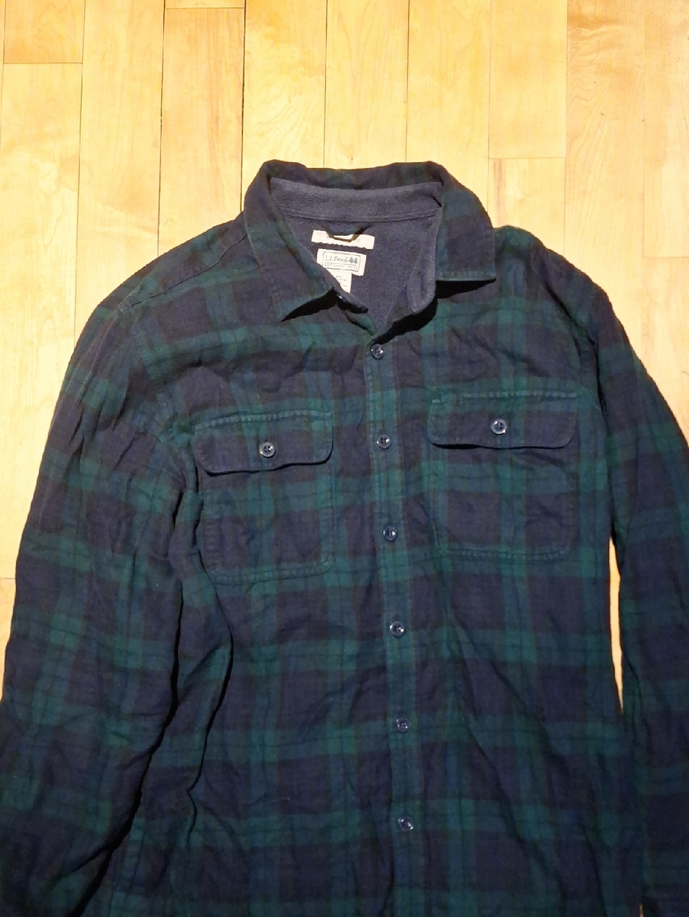 L.L. Bean Traditional Green and Navy Plaid Flannel Shirt Fleece Lined